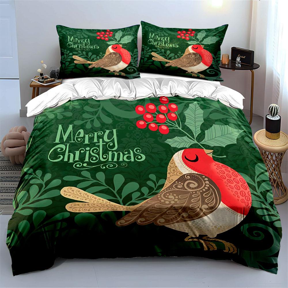 Christmas Robin Pattern Decor Bedding Duvet Cover Set Duvet Cover Pillowcases (1*Duvet Cover 2*Pillowcases, without duvet insert)