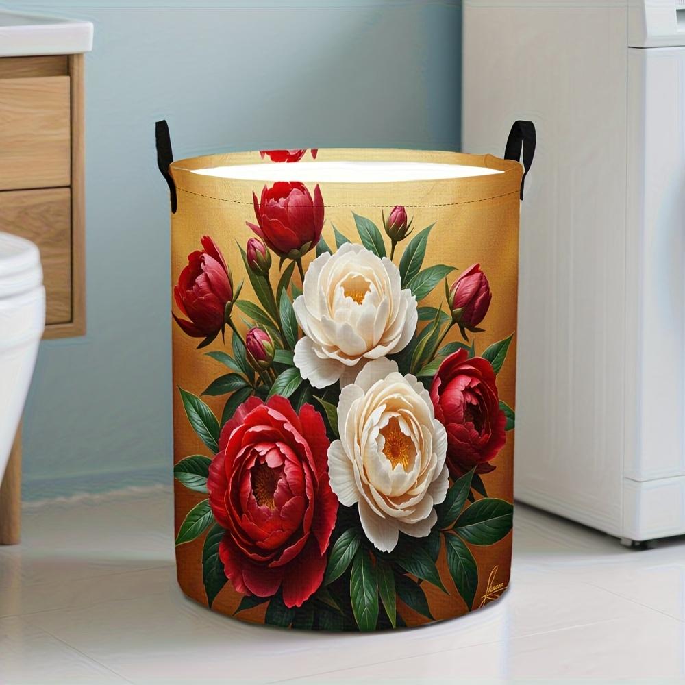 1pc Laundry Basket. This Laundry Basket Features a Floral Peony Pattern and a Handle Design, Suitable for Storage in the Living Room, Bedroom, or Laun