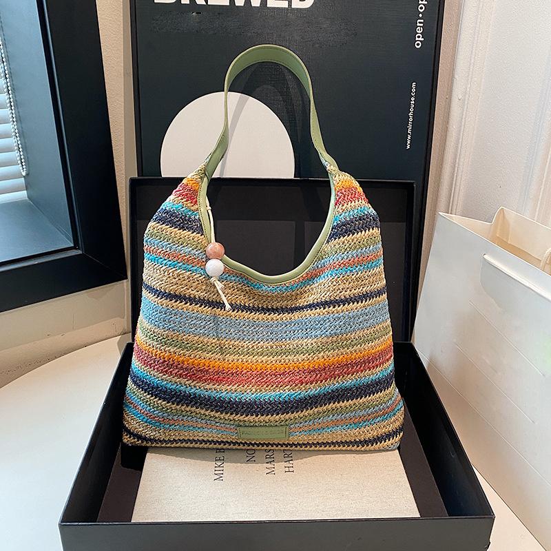 Chic Striped Woven Shoulder Bag for Girls Women Large Capacity Summer Beach Straw Tote Bag for Everyday & Vacation Use KTY