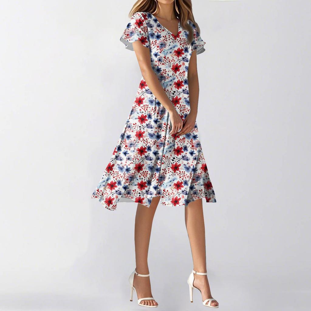 Women's Summer Casual Fashion Flower Print Dress V Neck Short Sleeve Short Skirt