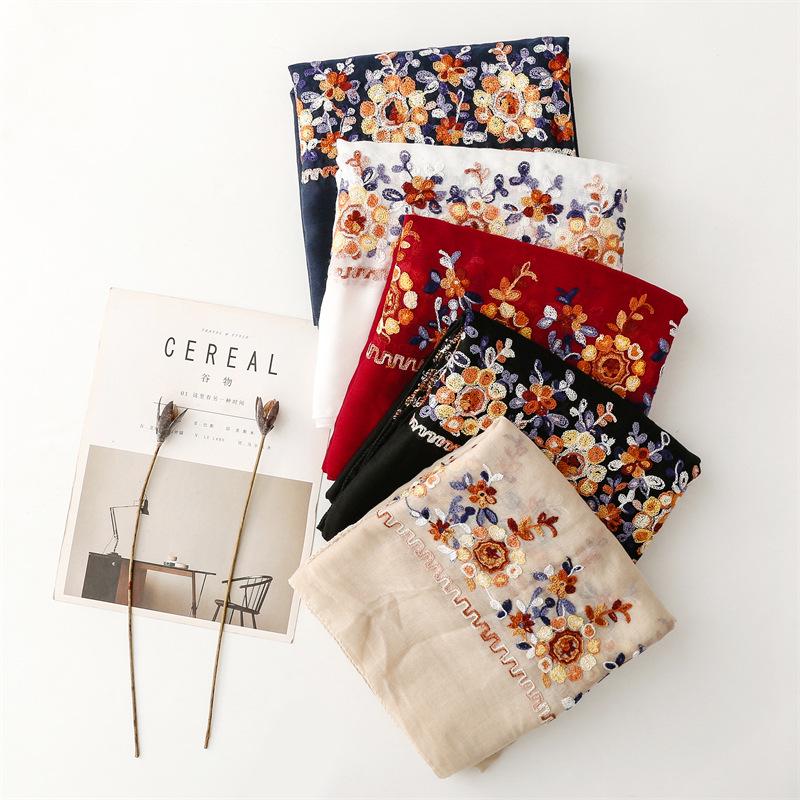 Ethnic Embroidery Cotton Blend Scarf - Soft, Warm, Curled Edge, Travel Sunscreen Shawl for Women