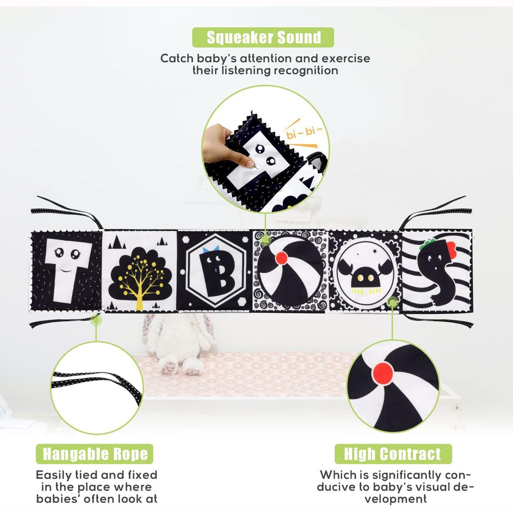 Tummy Time Toys, High Contrast Black and White Baby Soft Book Newborn Sensory Toys for Infants Visual Training Early Education