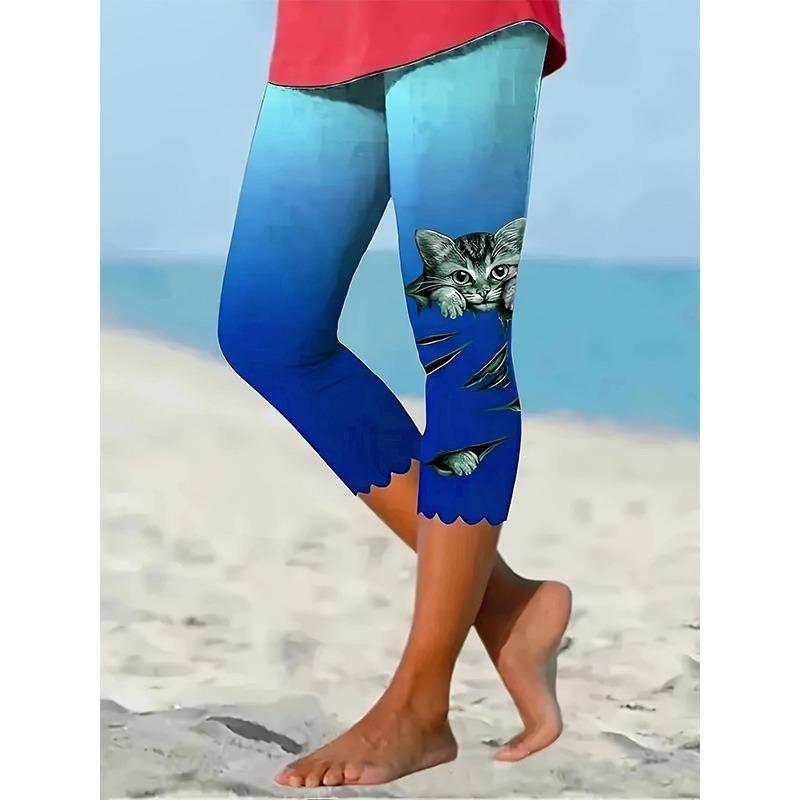Повседневные женские леггинсы с принтом кота, капри, модные брюки для бега с высокой талией, элегантные узкие модные женские леггинсы, брюки 24520