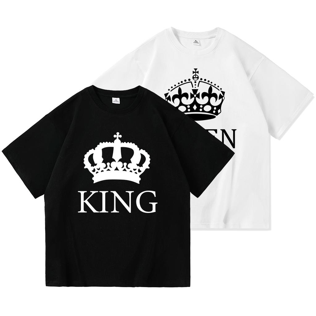 2023 Casual KING QUEEN Print Summer Cotton T Shirt Short Sleeve O Neck Loose Lovers' T Shirt Women Men Tops Tees