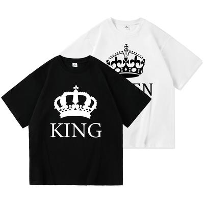 2023 Повседневная летняя хлопковая футболка с принтом KING QUEEN, свободная футболка с короткими рукавами и круглым вырезом для влюбленных, женские и мужские топы, футболки