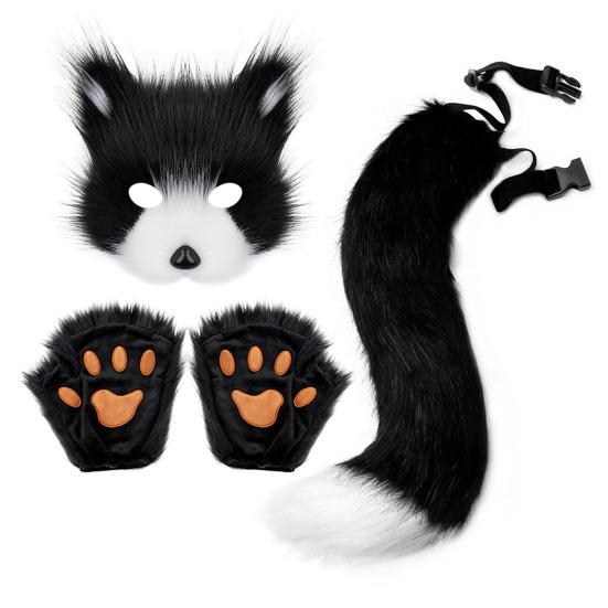 Faux Fur Cat Fox Maque Tail And Paw Gloves Set Handmade Furry Animal Therian Kit Masquerade Halloween Party Cosplay Costume Accessory