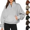 Women's Casual Fashion Long Sleeve Solid Color Zip Pocket Sweatshirt Top