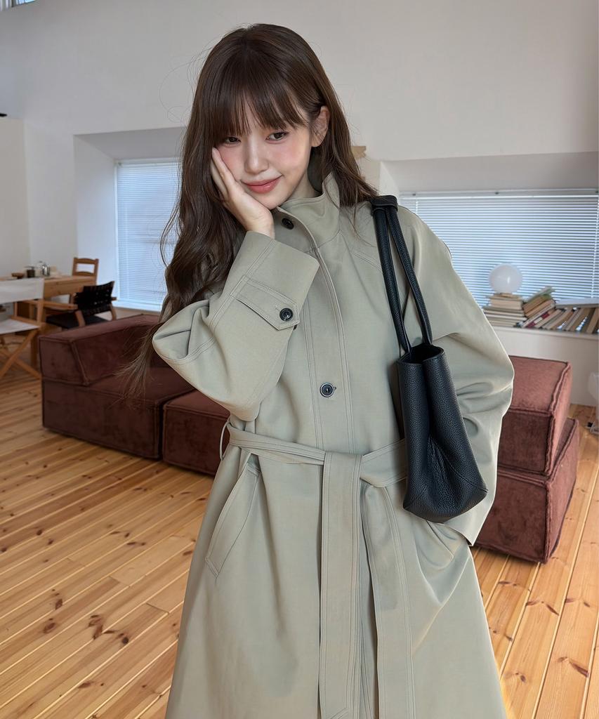 LINGSEOUL High Neck Trench Coat-Beige