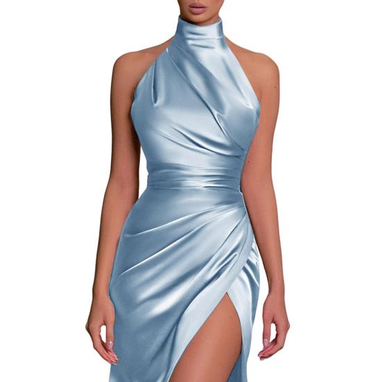 Женское бальное платье с воротником-стойкой, халтер-воротником, открытыми плечами, без рукавов, атласное вечернее платье, облегающее, плиссированное, однотонное, с высоким разрезом, длиной до пола, макси-платье