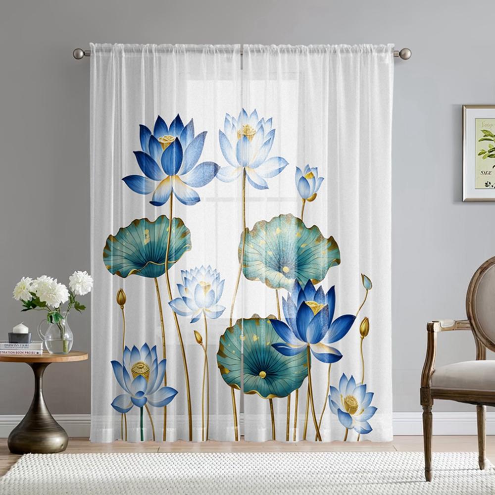 2 шт. HD Цифровой принт Голубой лотос Оконный ламбрекен Стиль украшения дома Декор Гостиная Спальня Эффект штор на штанге
