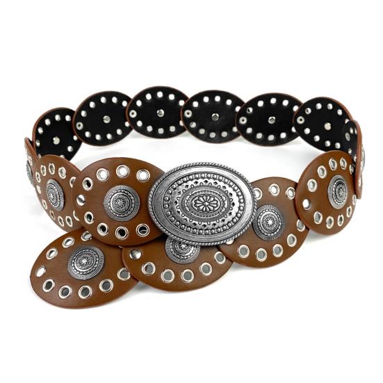 Women Belt Round Buckle Wide Eyelets Faux Leather Adjustable Belt Exaggerated Round Shape Hollow Disc Waist Belt