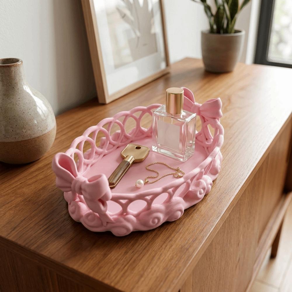Plastic Hollow Bow Storage Tray Large Capacity Key Tray Aesthetic Desktop Organizer Bedroom