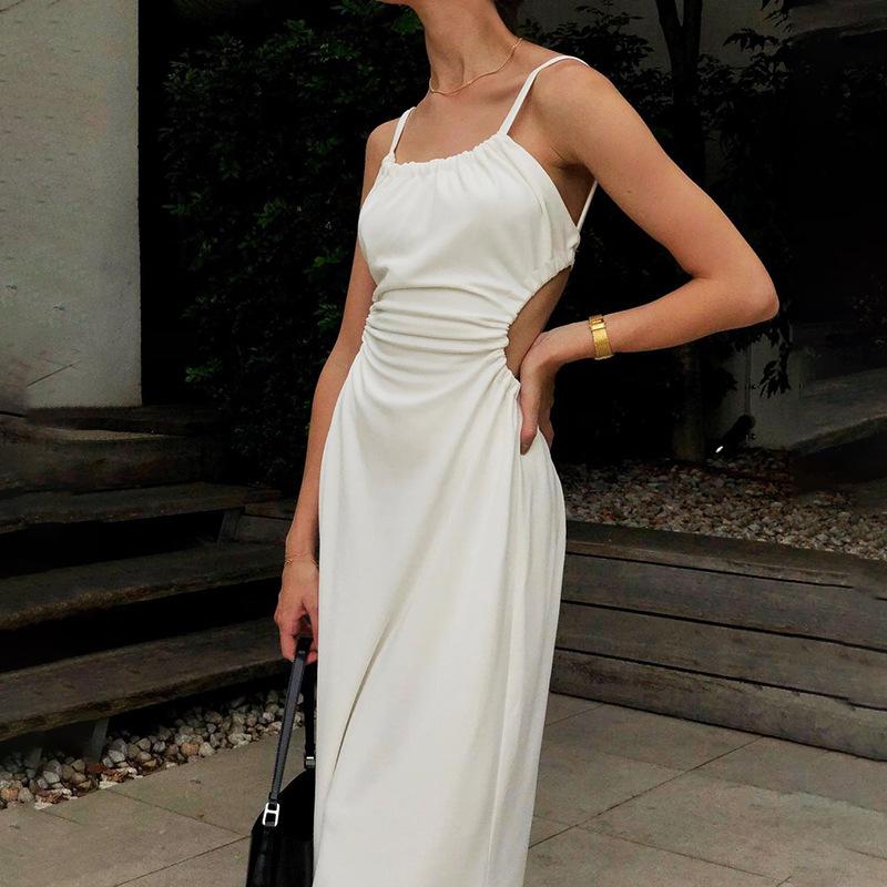 One-Line Neck Slim Sling Mid-Length Halter Dress Solid Color Temperament