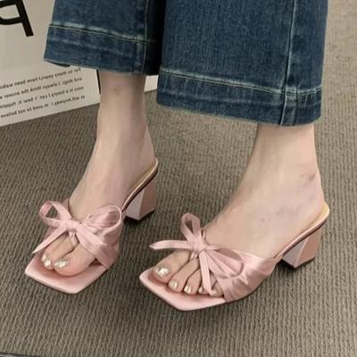 Модные летние туфли с бантом и массивной подошвой 2024 года, новые сексуальные женские тапочки на высоком каблуке, сандалии, дизайнерские шлепанцы с открытым носком, туфли для вечеринок, туфли-лодочки, шлепанцы