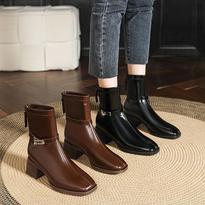 Короткие сапоги на высоком каблуке женские новые осенне-зимние сапоги 2024 года на толстом каблуке женские тонкие модные сапоги средней высоты коричневые французские короткие сапоги