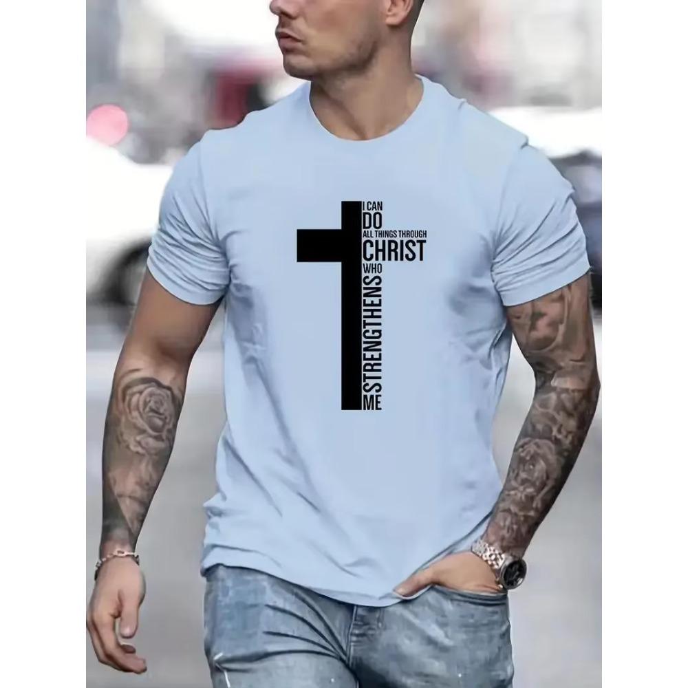 Fashion Cross Print Men's Creative Top Casual Micro Elastic Short Sleeve Crew Neck T-Shirt Outdoor Sports Men's Cotton T-Shirt