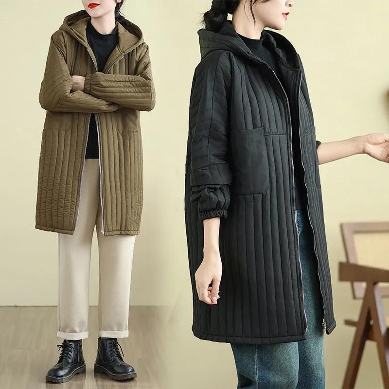 Зимняя куртка миди с капюшоном большого размера, Модная куртка с хлопковой подкладкой, Свободный западный стиль, Женская, на все случаи жизни