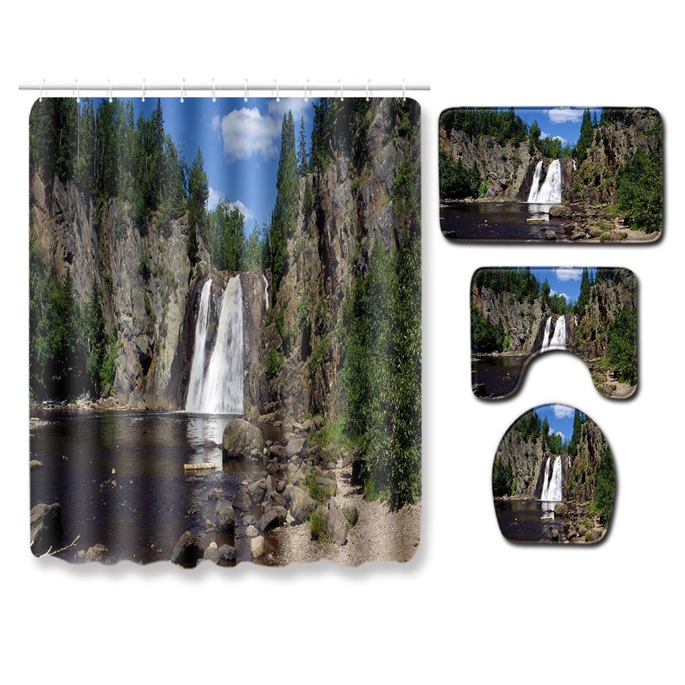 Landscape Shower Curtain Floor Mat Combination Four-Piece Set Bathroom Toilet Carpet Shower Room Mat Foot Mat