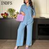 INDFS Женская мода Повседневная Весна Осень Однотонный Принт Длинный Рукав Воротник ПОЛО Блузки и Рубашки Брюки Костюмы
