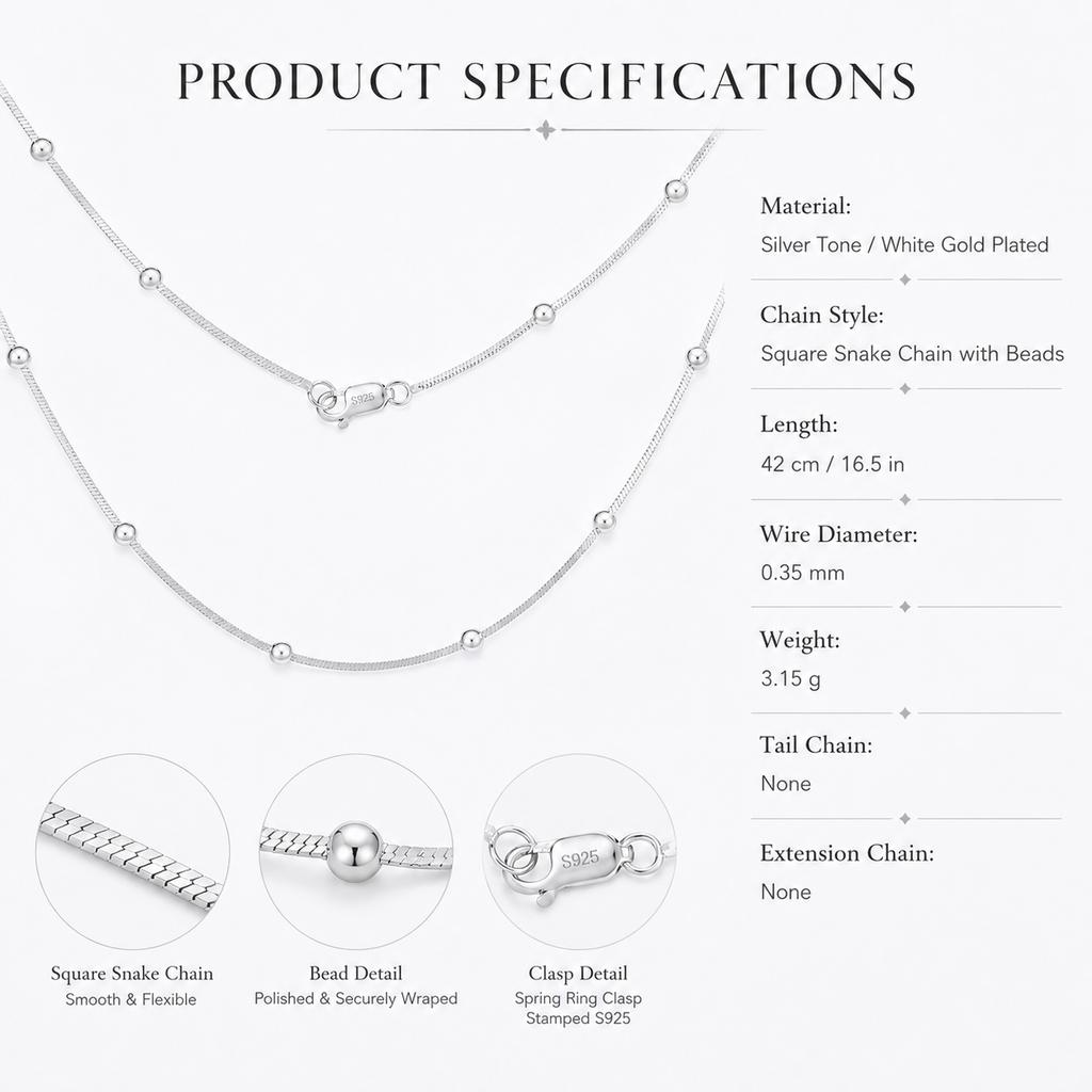 925 Sterling Silver 0.35mm Square Snake Chain Necklace With 3mm Beads and S925 Square Clasp