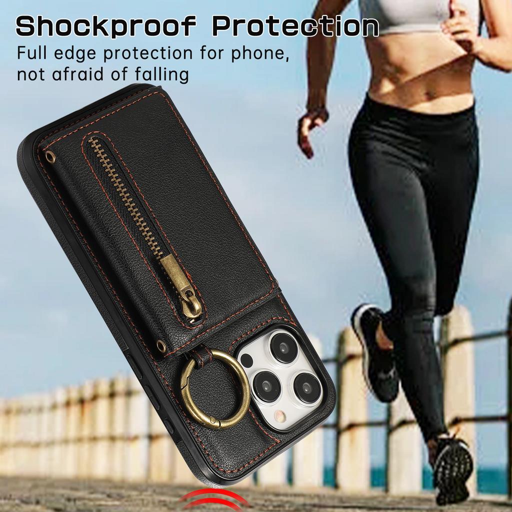 Кожаная задняя крышка для iPhone 15 Pro Max, кошелек на молнии, подставка, чехол для телефона с плечевым ремнем