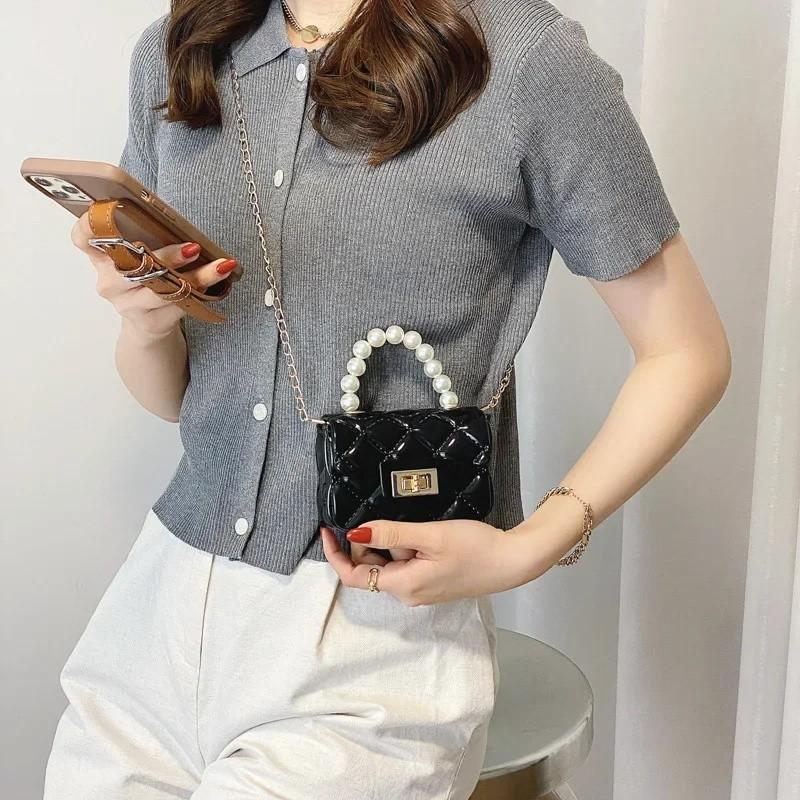 Pearl Rhombus Grid Chain Handbag With Hardware Buckle Single Shoulder Jelly Bag