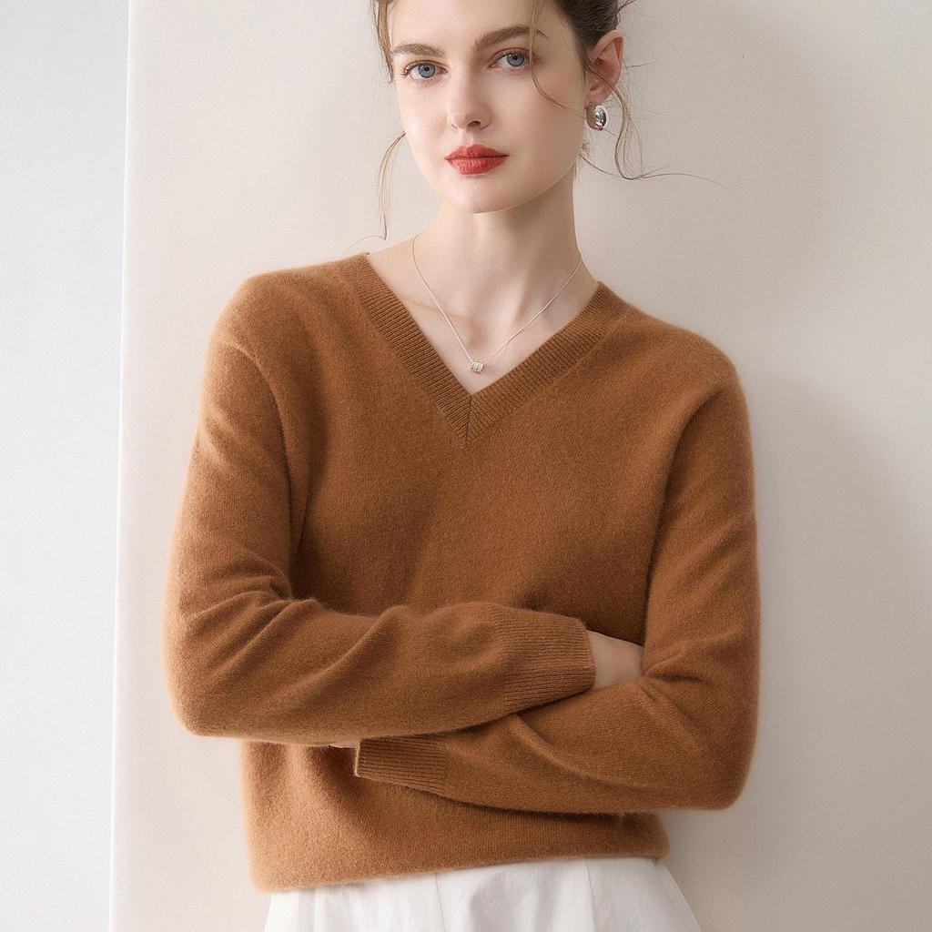 Minimalist Women's Pure Cashmere V-Neck Loose Knit Sweater - Early Autumn Pullover Top