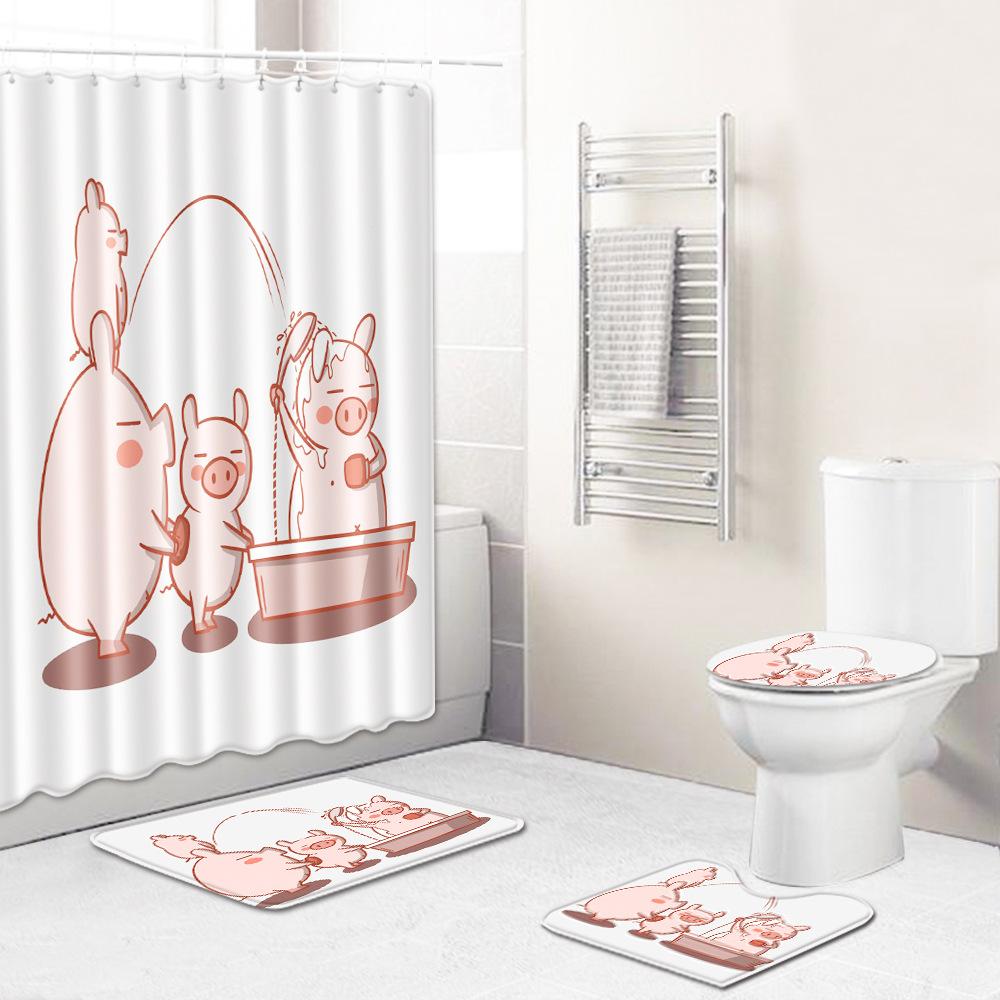 Animal Pattern Bathroom Shower Curtain Floor Mat Toilet Cover Foot Mat Four-Piece Pattern Size