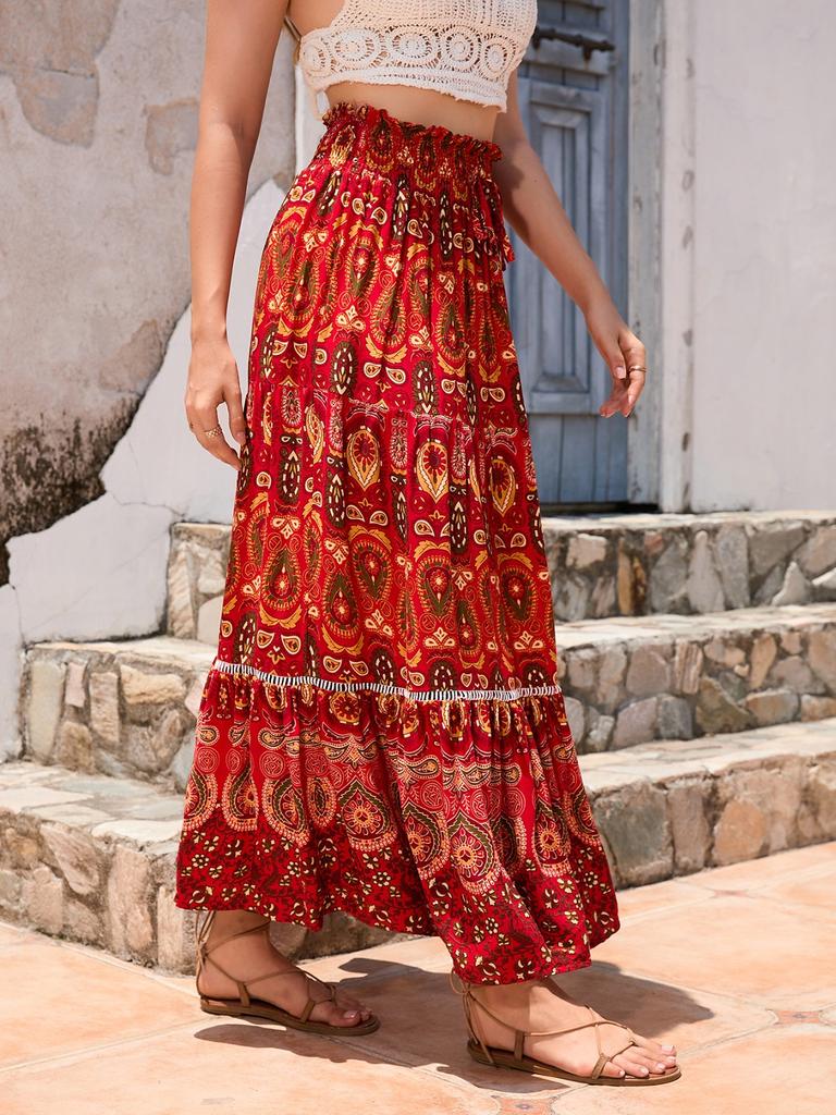 Women's Ethnic Style Printed Skirt Bohemian Beach Skirt Hollow Lace Splicing Long Skirt For Women