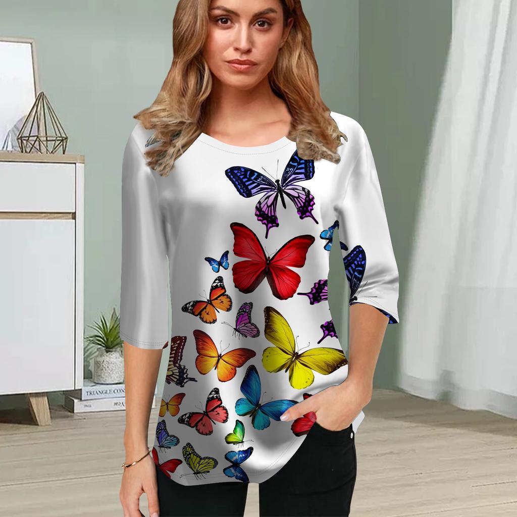 Womens Blouse 3D Blue Butterfly Printing Flower Half Sleeve Tops Summer Casual Tops Printed Round Neck Half Sleeve T Shirt