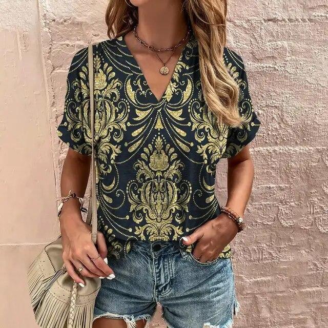 Женская футболка с v-образным вырезом, летняя модная женская одежда, топы с 3d винтажным принтом, повседневная одежда для девочек, женский пуловер большого размера