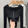Black Half Zipper Fleece Hooded Sweatshirt for Women In Autumn and Winter with A Hat As The Base and A Casual Waist Cinched Top