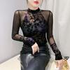 Retro Printed Turtleneck Base Shirt Slim Long-sleeved T-shirt Mesh Lace Top Two-piece Front and Back
