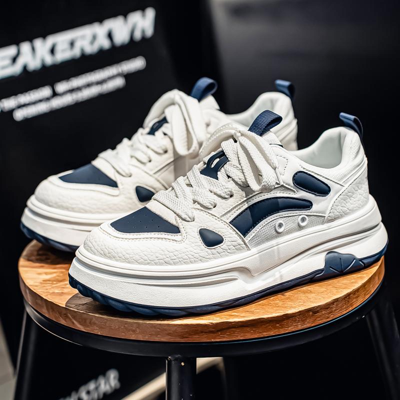 2026 New Men's Shoes Spring and Autumn Flat-soled Casual Leather Shoes Sports Shoes Black and White Men's Thick-soled Breathable