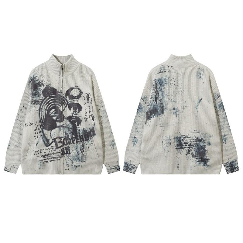 Unisex Oversized Knit Cardigan With Splatter Print Streetwear Style Fall Casual Wear