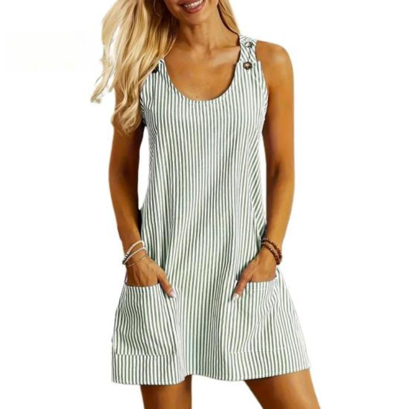 Летний женский сарафан с круглым вырезом в полоску с принтом без рукавов и карманами Свободный декор на пуговицах Повседневная повседневная одежда Мини-платье Короткое платье для свиданий и отпуска