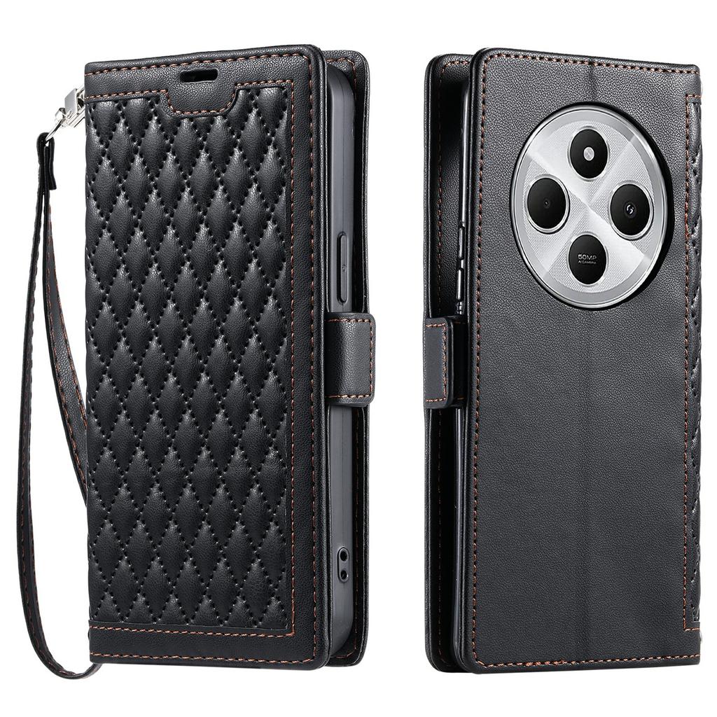 Leather Case For Xiaomi Redmi 14C 5G/14C 4G/14R 5G/Poco C75 4G Rhombus Texture Wallet Stand Phone Cover with Wrist Strap