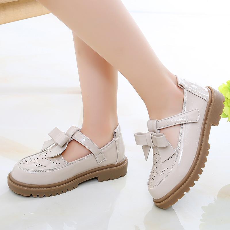 Kids Leather Shoes Girls Oxfords Leather Flats T-strap Children's Shoes Cut-outs Breathable Anti-slip British Vintage Style Bow