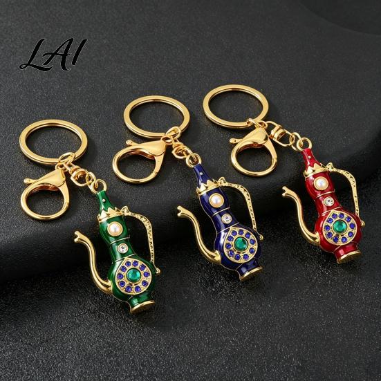 Pitcher Key Ring Retro Teapot Keychain with Rhinestones Ethnic Style Vintage Pot Ring Decorative Pendant for Handbags Backpacks Car Keys 3D