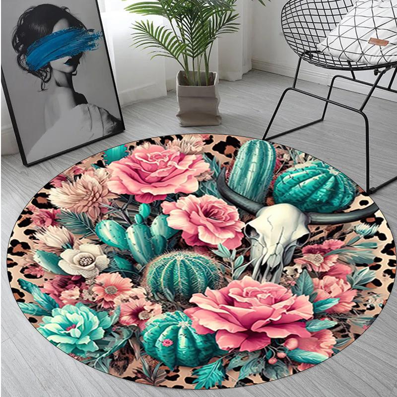 Cow Skull Circular Rug - Office Decorative Carpet For Living Room Bedroom Door Mat Floor Rug Computer Chair Area Rug