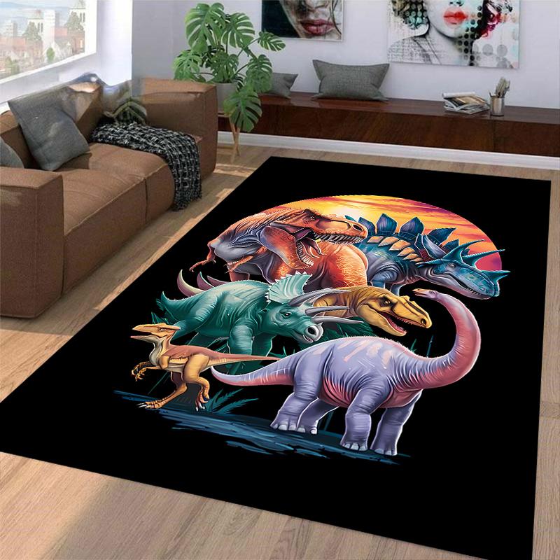 Colorful Cartoon Dinosaur Carpet with Sunset Background for Kids Room Suitable for use as an anti-slip for living room bedroom sofas