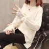 Long Sleeved Lace Patchwork Round Neck Sweater for Women Loose Fitting Solid Color Knit Sweater Top for Autumn and Winter