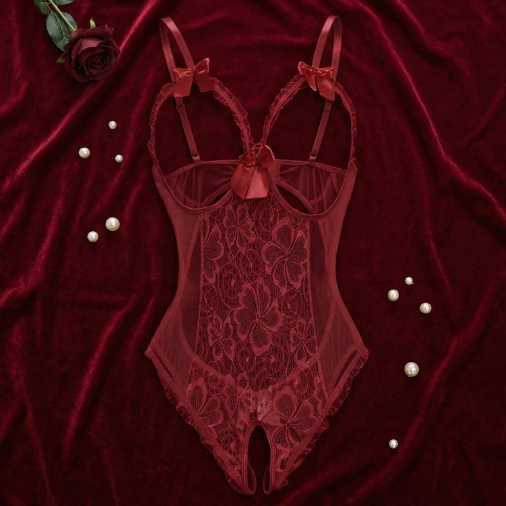 Deep V Women Underwear Open Crotch Lace Sling Nightwear Sweet Lace Bow Bodysuit  Gifts