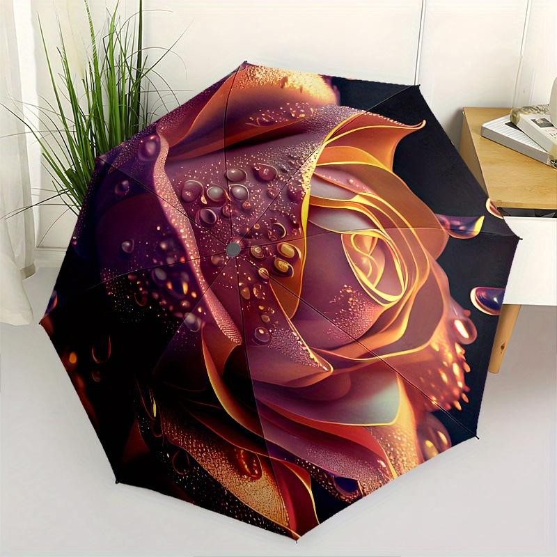 Rose, Waterdrops Theme 8 Bone Hand Automatic Folding Umbrella, Compact and Portable Design, A Perfect Gift for Birthday, Christmas or Busine