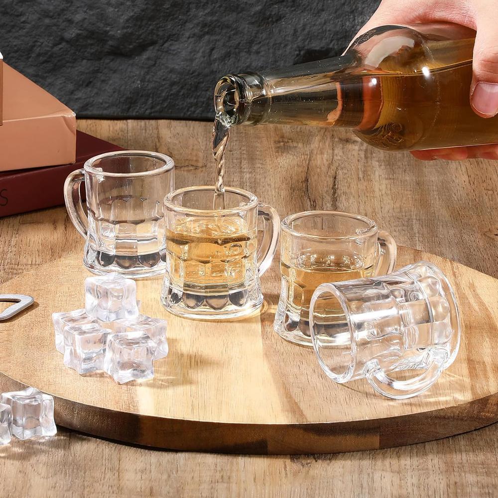 Mini Plastic Beer Mugs, 1 oz Clear Plastic Shot Glasses with Handles, Reusable Beer Stein Tasting Glasses for Drinking