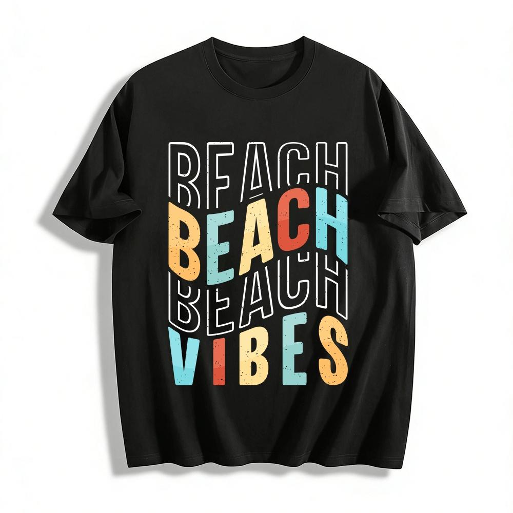 Casual BEACH VIBES Print Vacation Short Sleeve T-Shirt Unisex Pure cotton T-shirt
