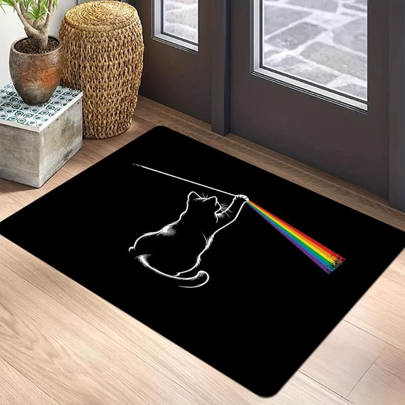 Rainbow Cat Doormat - Black Funny Cartoon Design with Color Spectrum Print Non-Slip Entrance Mat for Unique Home Decor Fashion