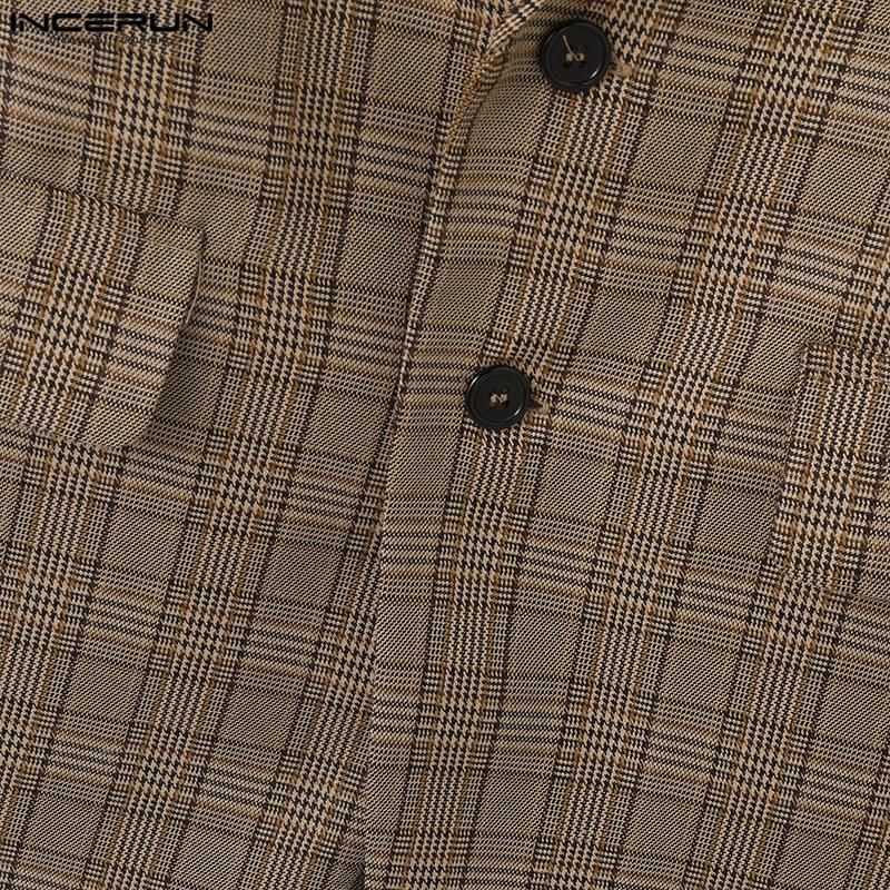 INCERUN Мужской пиджак с зазубренными лацканами и длинным рукавом в клетку, повседневный свободный пиджак