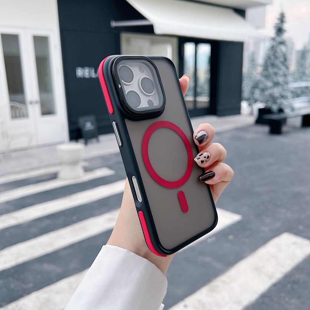 For iPhone 16 Pro Max Magnetic Case Skin-Touch TPU Acrylic Phone Back Cover with Lens Protector Kickstand