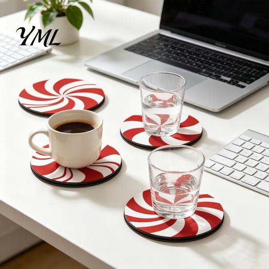 Non Slip Heat Insulation Pad 4Pcs Red White Spiral Wooden Coasters, Round Peppermint Candy Drink Wood Coaster Set Heat?Resistant Cup Pad, Christmas